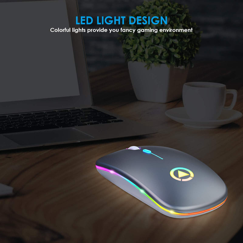 [Australia - AusPower] - SOONHUA LED Wireless Mouse, Ultra-Thin 2.4GHz Optical Bluetooth Mouse USB Rechargeable with RGB Backlit for Laptop PC Computer gray 
