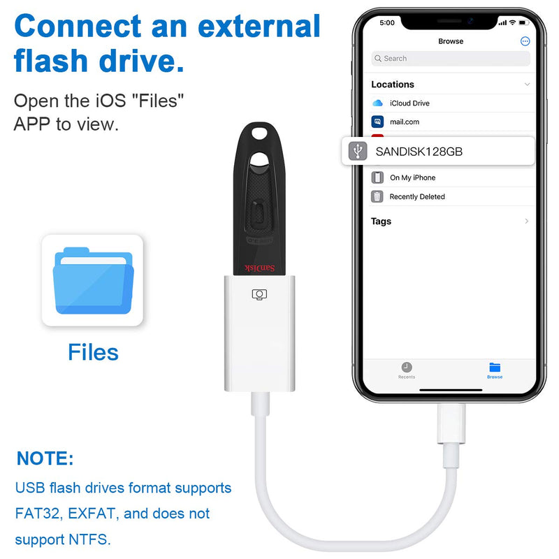[Australia - AusPower] - Lightning to USB Camera Adapter Lightning Female USB OTG Cable Adapter for Select iPhone,iPad Models Support Connect Camera, Card Reader, USB Flash Drive, MIDI Keyboard, White (White) 