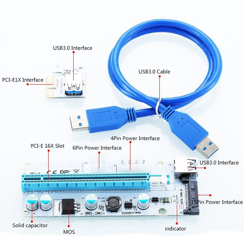 [Australia - AusPower] - CFIKTE VER 008S PCI-E Express Cable 1X to 16X Graphics Extension Ethereum ETH Mining Powered Riser Adapter Card, 60cm USB 3.0 Cable, 4 Solid Capacitors,15pin Male to 6pin Power Slot Connector 6 Pack 