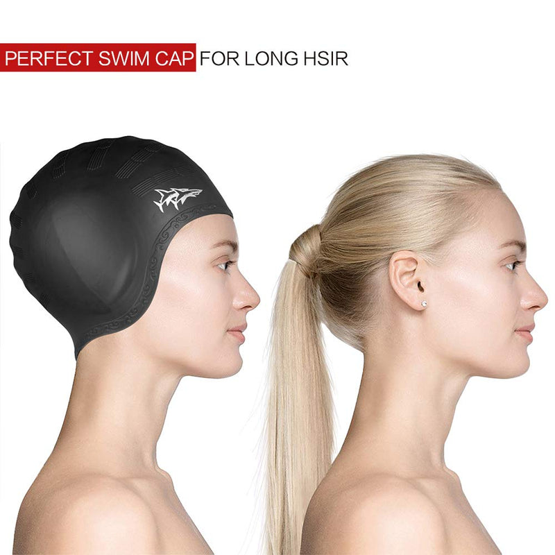 [Australia - AusPower] - Swim Cap for Long Hair 2 Pack Thicker Design Solid Silicone Waterproof Swimming Caps for Woman Adults and Men Black+Blue 