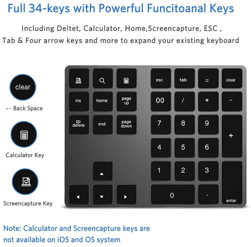 [Australia - AusPower] - Bluetooth Number Pad, Aluminum Rechargeable Numeric Keypad Wireless 34-Keys Number Keyboard Shortcut Keypad Numpad Data Entry Compatible for iMac Windows, MacBook Air/Pro and Laptop etc. Deep Black 