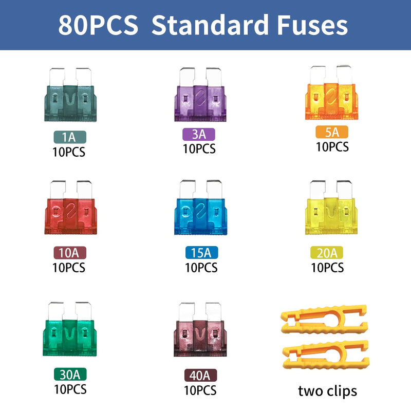 [Australia - AusPower] - ZIPCCI 80 Pcs Standard Car Fuse, Fuses Assortment kit(1A/3A/5A/10A/15A/20A/30A/40AMP) Automotive Blade Fuse for RV, Truck, Marine, Auto Accessories Standard Fuse 