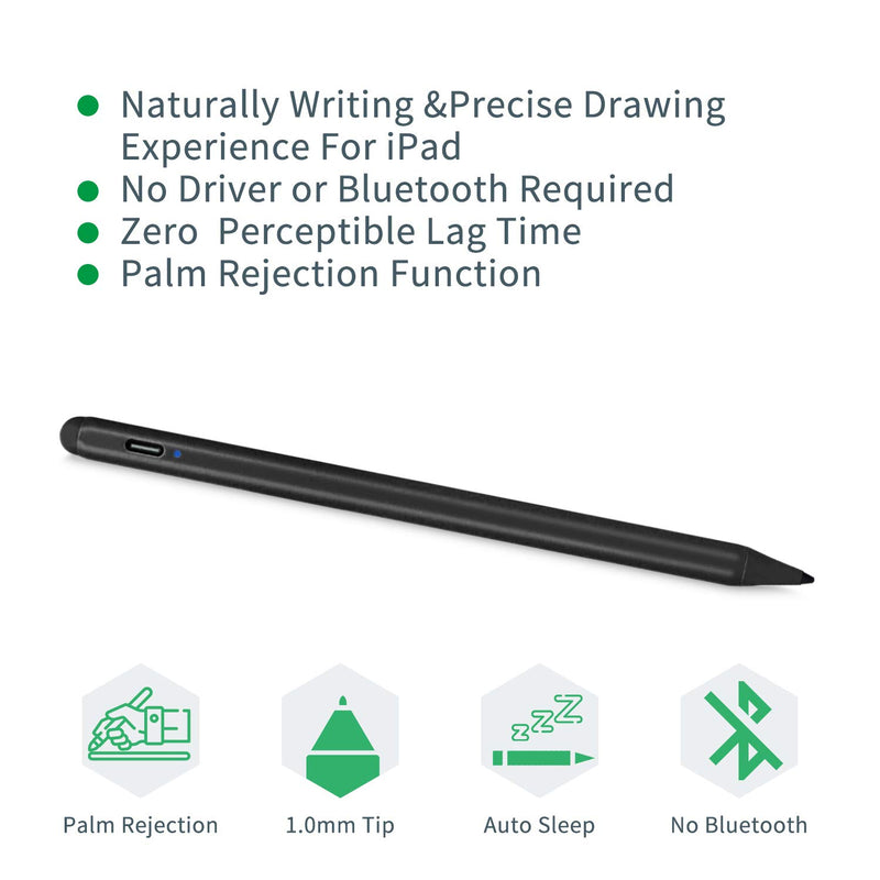 [Australia - AusPower] - Stylus Pencil for 2020 iPad 8th Generation 10.2" with Palm Rejection 1.5mm Replaceable Fine Tip 2nd Active Stylus Compatible with Apple Pencil for iPad 10.2-in 8th Gen Drawing Pen Type C Charge Black 