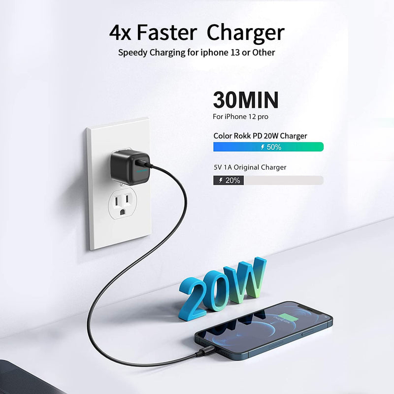[Australia - AusPower] - Color Rokk USB C Charger Mini PD 20W Fast Charger Adapter Power Delivery 3.0 Wall Charger Compatible for iPhone 12/12 Mini/12 Pro/12 Pro Max/11, Galaxy, Pixel 4/3, iPad Pro Black 