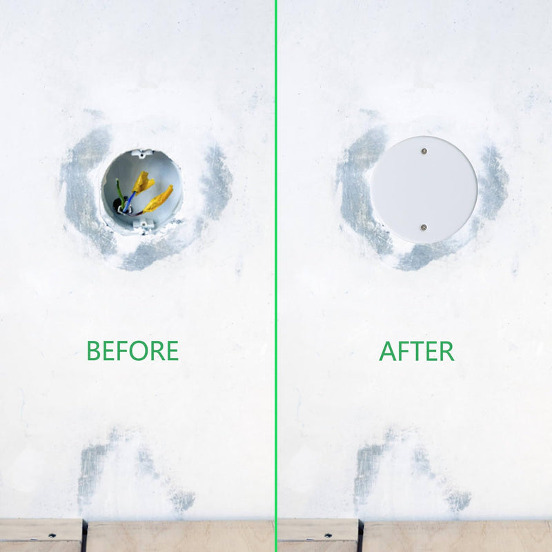 [Australia - AusPower] - Bueyfolt 5 Inch White Metal Ceiling Blank-Up Cover, Cover Plate for 4 Inch Round/Octagon Box Openings on Ceilings or Walls, Holes are Spaced 3.5 Inches, Mounting Screws Included (4 Pack) 5" (Holes Spaced:3.5") 
