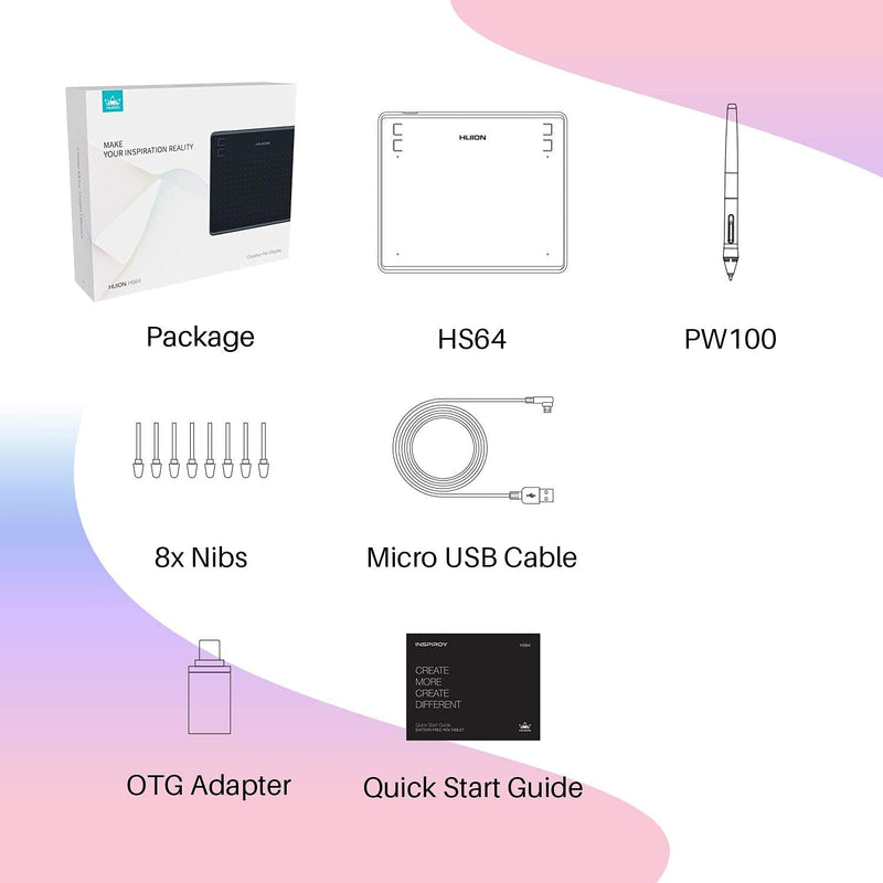 [Australia - AusPower] - HUION HS64 Graphics Drawing Tablet with Battery-Free Stylus 8192 Pressure Sensitivity 4 Customized Express Keys Glove for Beginner, 6.3×4 Inch OSU Tablet for Linux, Mac, Windows PC and Android 