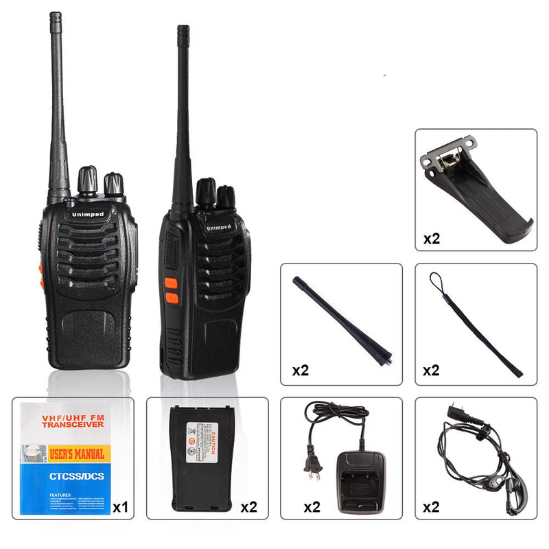 [Australia - AusPower] - unimped Walkie Talkie 2pcs 400-470MHZ UHF Rechargeable Battery Headphone Wall Charger Long Range 16 Channels Two Way Radio (2pcs radios) 