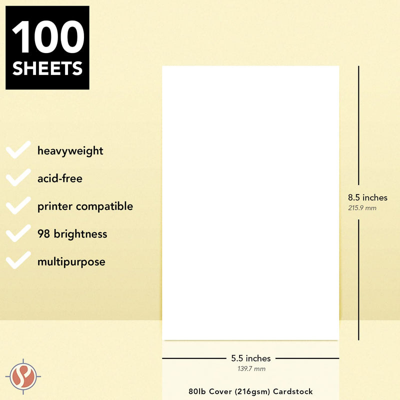 [Australia - AusPower] - 8.5 x 5.5” Bright White Card Stock Paper – Great for Arts and Crafts, Greeting Cards, Invitations, Flyers, Brochures, Photos | Heavyweight 80lb (216gsm) Cover Cardstock | 100 Sheets per Pack 