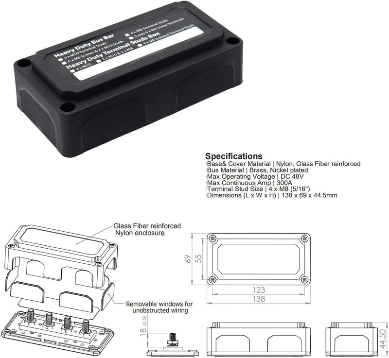 [Australia - AusPower] - Gloaso 12V- 48V DC 300 Amp Bus Bar Box Heavy-Duty Module 4X 5/16” Post Terminal Power Distribution Block, 300A Negative Bus Bar with Cover, Black Black- 300A- 4 x 5/16" ( M8) Studs 