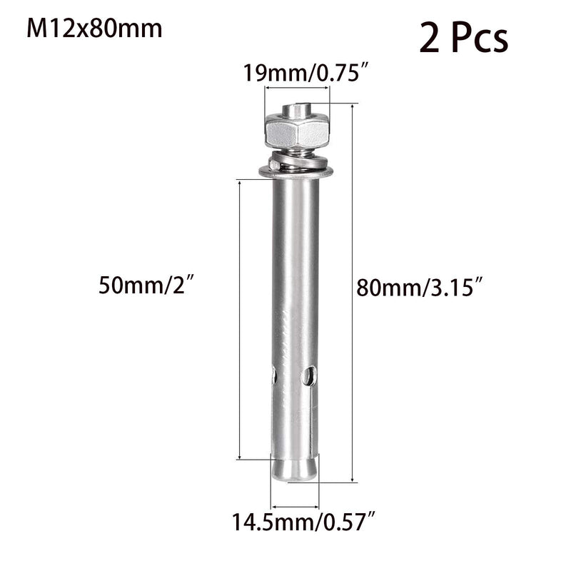 [Australia - AusPower] - 2 Pcs M12 x 80mm 304 Stainless Steel Expansion Bolt External Hex Expansion Screw Bolt Sleeve Anchor，Pool-Safety-Cover Expansion Bolts 