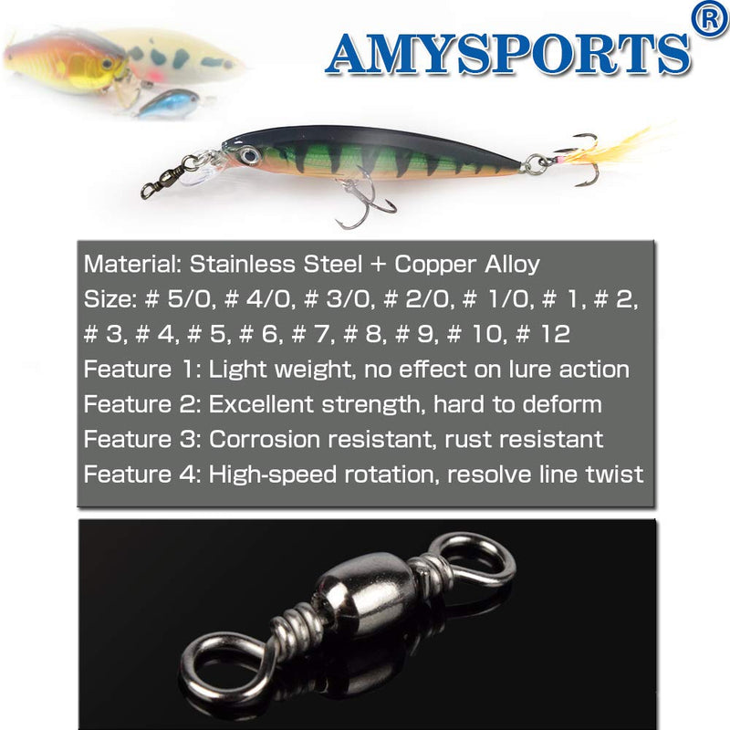 [Australia - AusPower] - AMYSPORTS High Strength Fishing Swivels Barrel Solid Ring Barrel Fishing Swivel Rolling Fishing Tackle Line Connector Saltwater Freshwater Stainless Steel Accessories Size1/0 (117lb) 50 pcs 