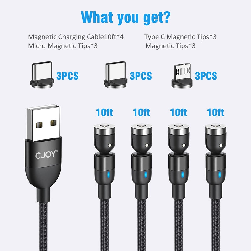 [Australia - AusPower] - Magnetic Charging Cable(4 Pack 10ft+10ft+10ft+10ft), 540°Degree Rotation Magnetic USB Cable, CJOY Nylon Braided Magnetic Phone Charger, Charging Cable for Type C, Micro USB 4 pack 