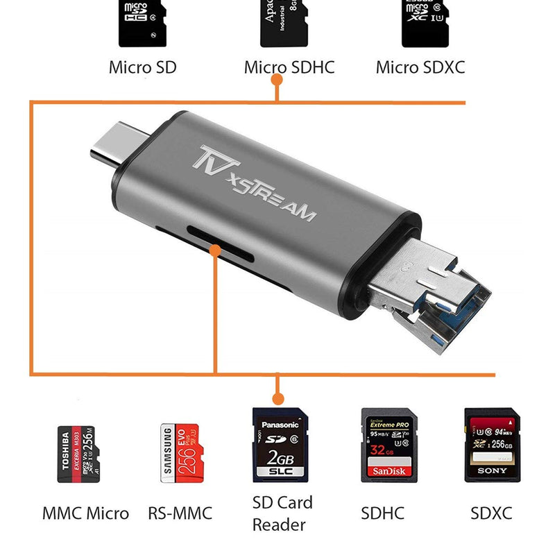 [Australia - AusPower] - SD Card Reader, Storage Expansion OR File Transfer KIT for FIRESTICKS, Media Devices, Gaming Systems, 3-in-1 USB 2.0 / USB C/Micro USB Card Reader - SD Card, Micro SD, Includes OTG Cable 