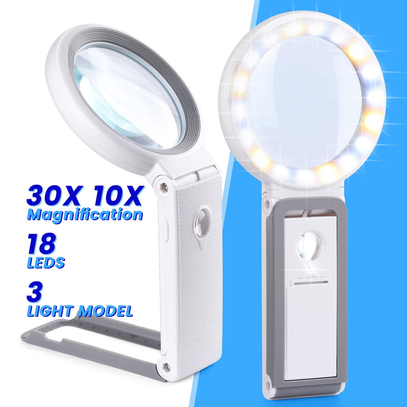 [Australia - AusPower] - 30X 10X Magnifying Glass with Light and Stand, Foldable Handheld Magnifying Glass 18 LED Illuminated Lighted Magnifier for Macular Degeneration, Seniors Reading, Close Work, Coins, Jewelry 