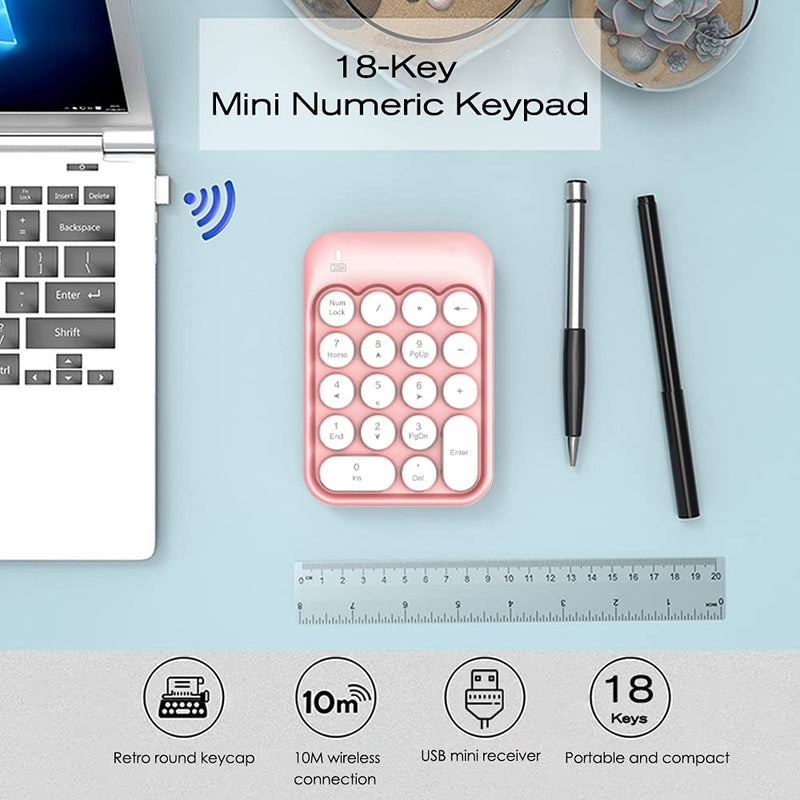 [Australia - AusPower] - Wireless Numeric Keypad 18 Keys with 2.4G Mini Portable Silent Number Pad USB Receiver Financial Accounting Keyboard Extensions for Laptop Desktop PC Pro（Pink） Pink 