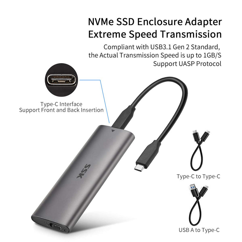[Australia - AusPower] - SSK Aluminum USB C to M.2 NVMe SSD Tool-Free Enclosure Reader, USB 3.1/3.2 Gen 2(10Gbps) to NVMe PCI-E M-Key Solid State Drive External Adapter Support UASP Trim (Fits only NVMe SSDs 2242/2260/2280) grey 