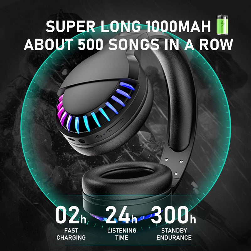 [Australia - AusPower] - Wireless Bluetooth Headphone with Noise Cancellation HiFi Stereo Sound Mic Deep Bass Protein Earpad Rainbow RGB Backlight Rechageable Over Ear Headset for PC Mac Game Travel Class Home Office(Black) Black 