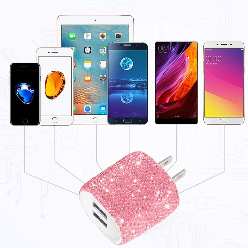 [Australia - AusPower] - USB Wall Charger Bling 5V/2.4A 24W Dual Port Fast Charger Plug Cell Phone Block Adapter Pink for iPhone Android Samsung iPad Tablet etc. 