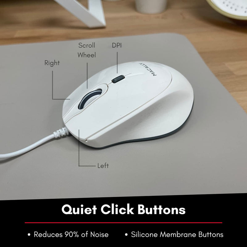 [Australia - AusPower] - Macally USB Wired Mouse for Mac or PC - Comfortable, Smooth, and Quiet - White USB Mouse Wired with 5ft Cable and 4 DPI - Plug and Play Corded Computer Mouse for Laptop or Office Desktop - White 
