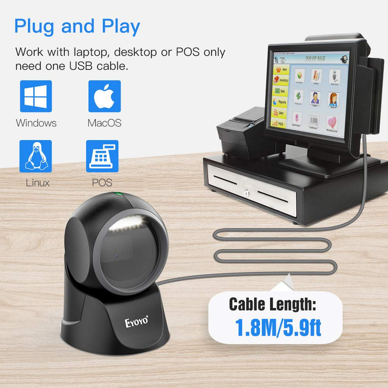 [Australia - AusPower] - Eyoyo 1D 2D Desktop Barcode Scanner, with Automatic Sensing Scanning Omnidirectional Hands-Free Barcode Reader QR Screen Scanning Platform Scanner for POS PC Supermarket Bookstore Retail Mall 