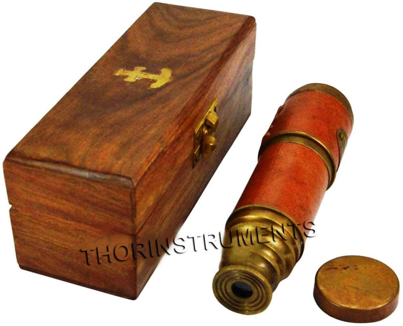 [Australia - AusPower] - Brass Beautiful Pink Leather Encased Handmade Telescope with Wooden Box Halloween Decorations Costumes 