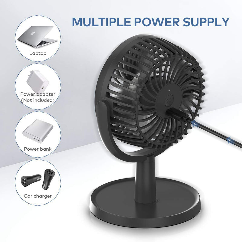 [Australia - AusPower] - Small Personal USB Powered Fan with 4 Speeds, Portable Desk Fans with 310° Rotation, Mini Powerful Table Fans, Ultra Quiet Air Cooling Fan for Office, Bedroom, Easy to Storage, Strong, Compact, Black 4" Black 