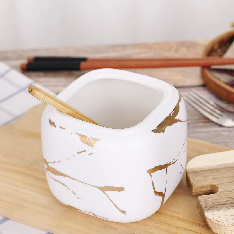 [Australia - AusPower] - VanEnjoy Decorative Marble Inlay Glaze Ceramic Sugar Spice Containers Porcelain Jar with Bamboo Lid and Spoon Condiment Jar for Home White 