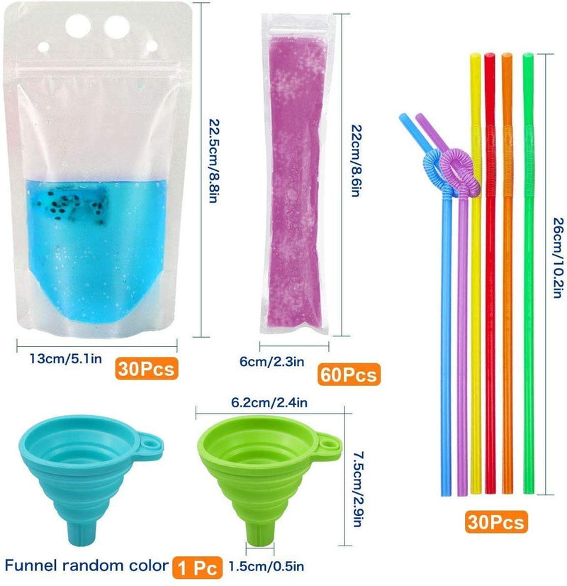 [Australia - AusPower] - SelfTek 121 Pcs Drink Pouches Bags with Straws, 60 Popsicle Bags 30 Juice Pouches with 30 Straws & Funnel, Heavy Duty Hand-held Translucent Stand-up Plastic Bags for Adults and Kids 