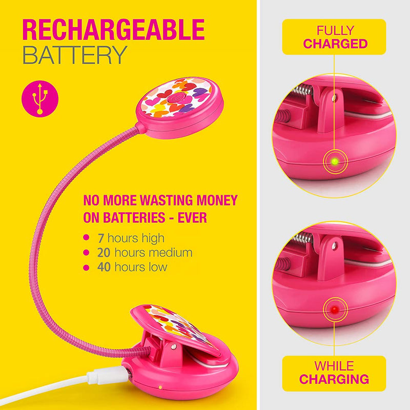 [Australia - AusPower] - Vekkia Cute Rechargeable 7 LED Eye-Care Book Light, Clip on Reading Lights for Reading in Bed at Night, 3 Levels, 1.8oz Light Weight, Up to 40 Hours Reading, Great Gift for Kids & Readers (Rose Red) 