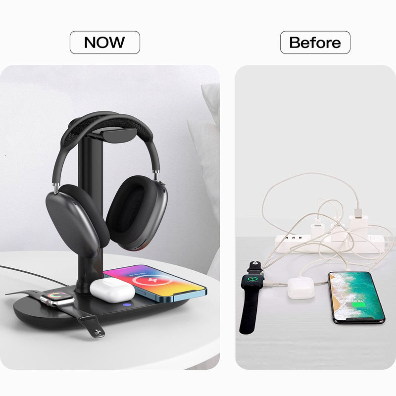 [Australia - AusPower] - Headphone Stand with 15w Wireless Charger, Suguder 4 in 1 Qi Charging Station Headset Holder for AirPods Max/Pro/2 iWatch 7/6/5/4/3/2/1/SE iPhone 13/12/11/XS/XR/X/8 Series for Desktop Table Game,Black Black 
