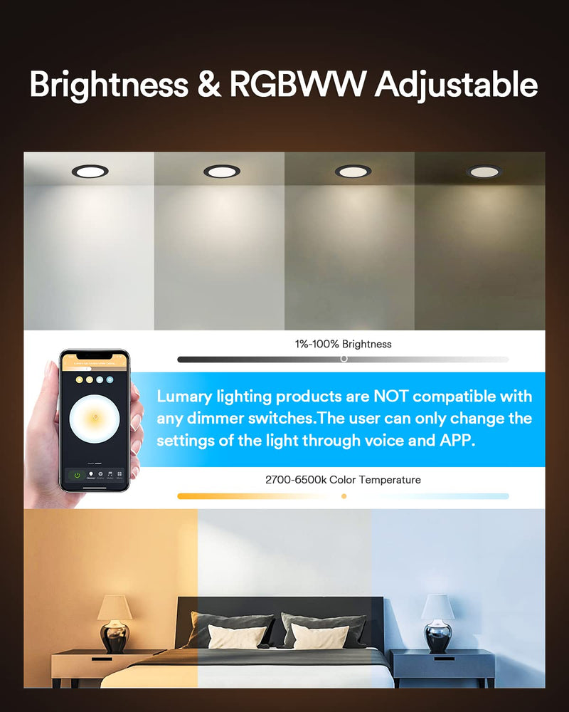 [Australia - AusPower] - Recessed Lighting - Lumary 6 inch Smart WiFi Recessed Lights Ultra-Thin Smart Downlight 13W 1100LM with Junction Box Compatible with Alexa/Google Assistant(6 Inch-1PACK) Black 6inch-1Pack 