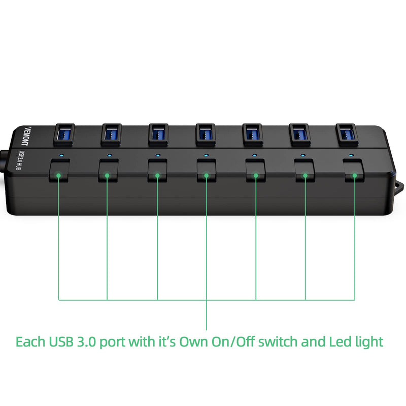 [Australia - AusPower] - USB hub 3.0,7-Port USB Hub,VEMONT 3.0 USB Splitter with Individual On/Off Switches and Lights, 4ft/1.2m Long Cable USB Extension for Laptop and PC Computer 4ft Black 