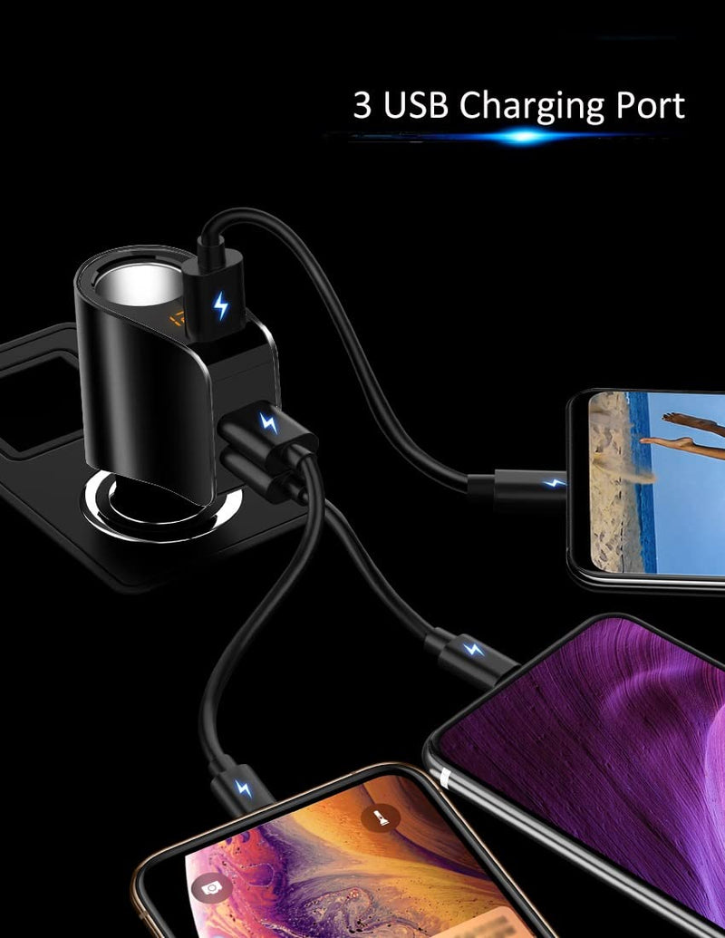 [Australia - AusPower] - Car Charger,Multi USB Cigarette Lighter Adapter,Socket Splitter with 3 USB and Voltage Meter,Compatible with iPhone,iPad,Apple Watch,Airpods,Samsung,LG,HTC,GPS,Android Phone (Black) Black 