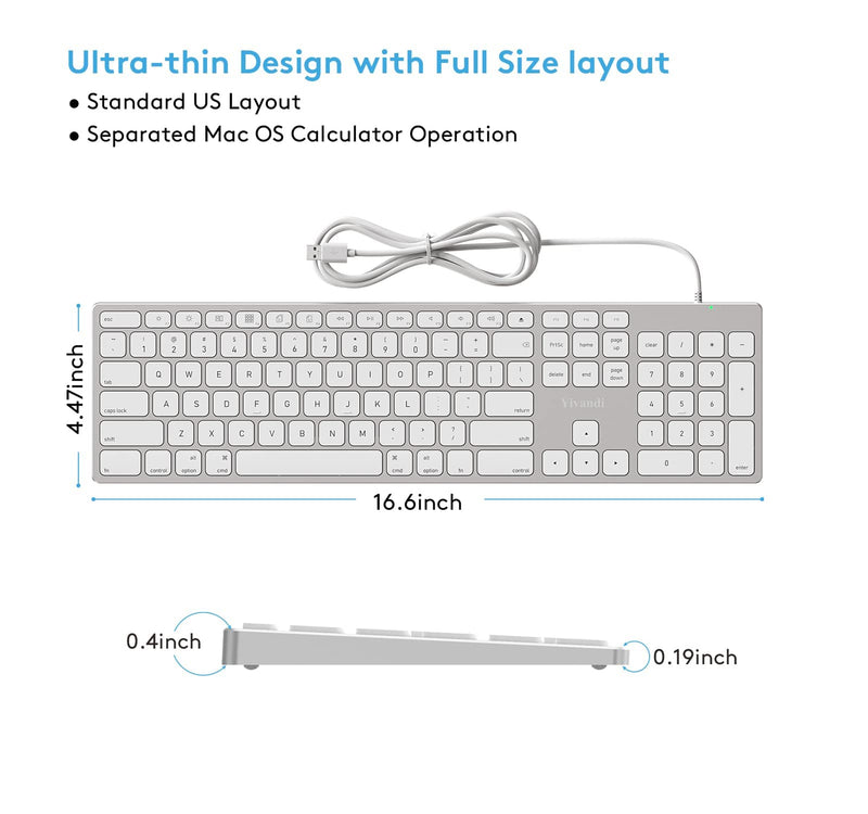 [Australia - AusPower] - Wired Keyboard for Apple Mac OS, All-Aluminum Frame, Plug-N-Play Cable Connection, Desktop USB Keyboard with Numeric Keypad Compatible with iMac Computer or MacBook Laptop by Yivandi -White 