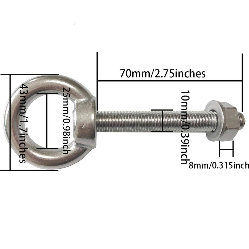 [Australia - AusPower] - AIVOOF Shoulder Eye Bolt, 2 Pack M10 Stainless Steel Shoulder Eye Bolts 3/8"x2.75" Eye Bolts Heavy Duty EyeBolts Screws in Eye Hooks with Washer and Nuts Muti-Function for Indoor Outdoor 