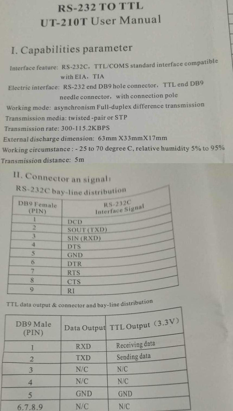 [Australia - AusPower] - Utek Ut-210t Rs-232 to TTL Interface Protocol Converters(TTL Output 3.3v Port-Powered, Rs-232 to TTL, Mini-Size 