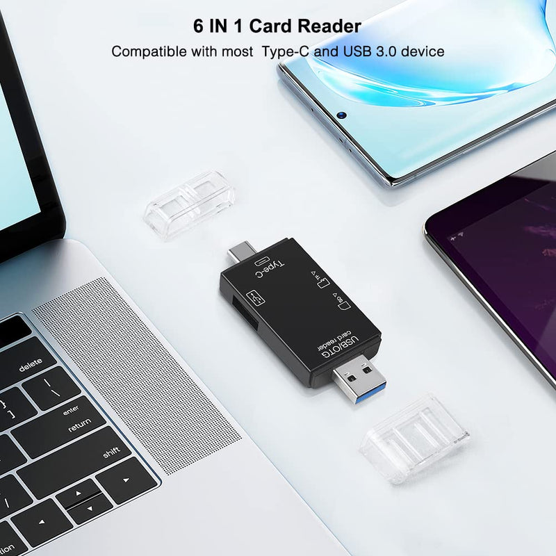 [Australia - AusPower] - SD/Micro SD Memory Card Reader, BorlterClamp 6 in 1 USB C SD/TF Card Reader MicroUSB OTG Card Reader Compatible with PC, Laptop, MacBook, Smartphone (Black) 
