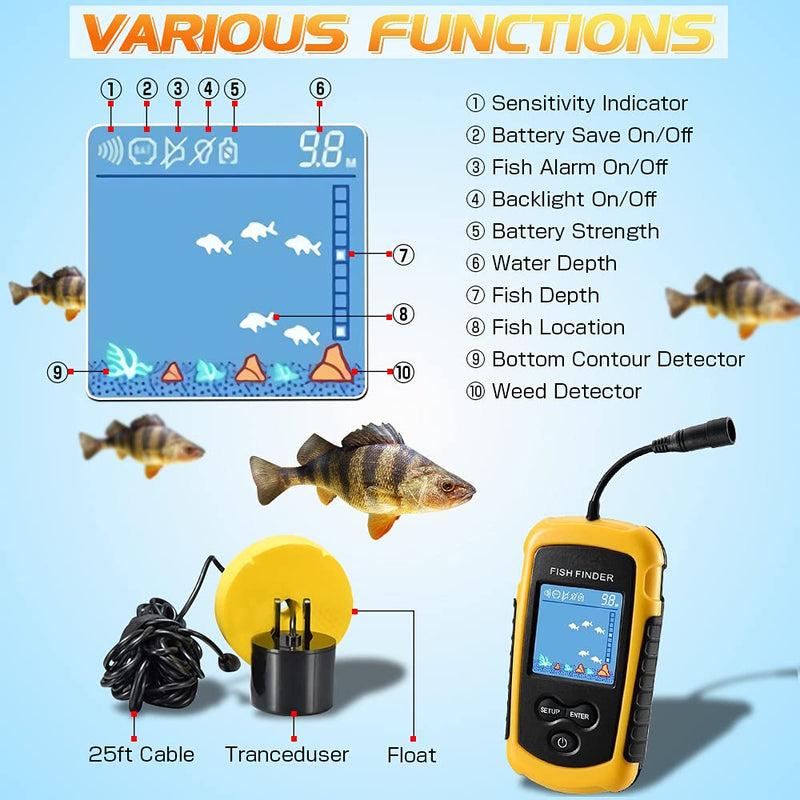 [Australia - AusPower] - Atibin Handheld Kayak Fish Depth Finder Portable Transducer Fish Finder Sonar Boat Dock Fish Finders Display Water Fishing Yellow 