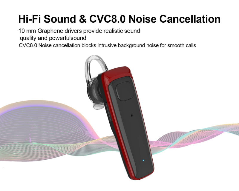 [Australia - AusPower] - ADADPU Bluetooth Headset - V5.0 Wireless Handsfree Earpiece Built-in Dual Mic Noise Cancelling, 10 Days Standby 16Hrs HD Talktime Ultralight Headset for iPhone Android Samsung Laptop(Red) 