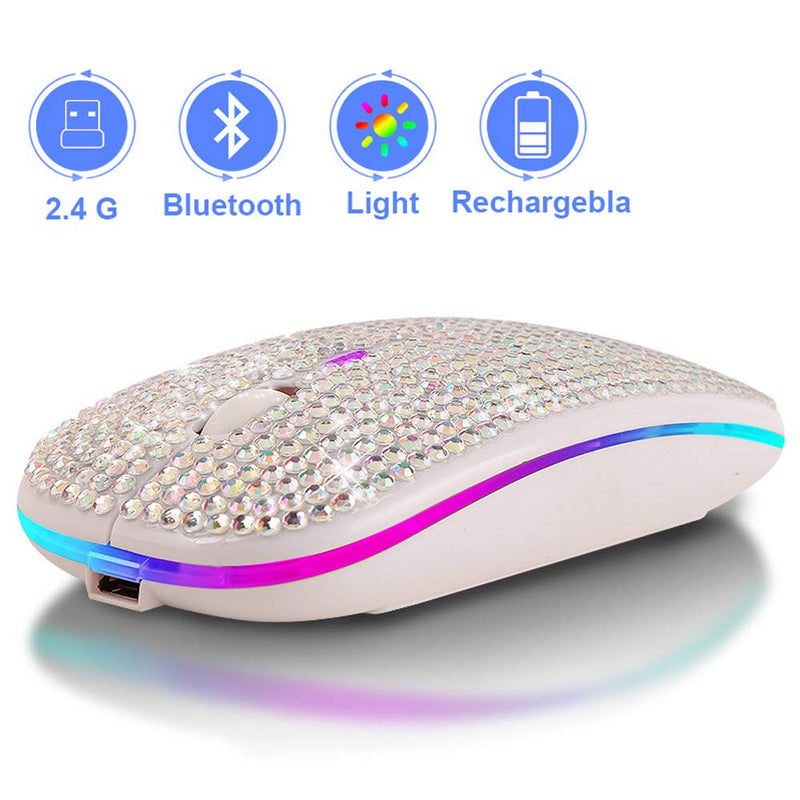 [Australia - AusPower] - Attoe Bluetooth Mouse,Bling Dazzling 2.4GHz Rechargeable Wireless Mouse Slim Mouse with USB Receiver,Compatible with Notebook,PC,Laptop,Computer,MacBook,Great Gift idea for Her (White) White 