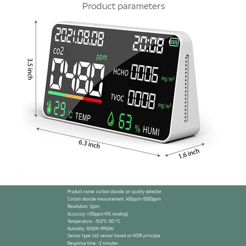 [Australia - AusPower] - CO2 Detector, Air Quality Monitor 7 in 1 Intelligent Portable Air Gas Detector for TVOC HCHO CO2,Temperature Humidity Sensor Tester with Date & Time Meter 
