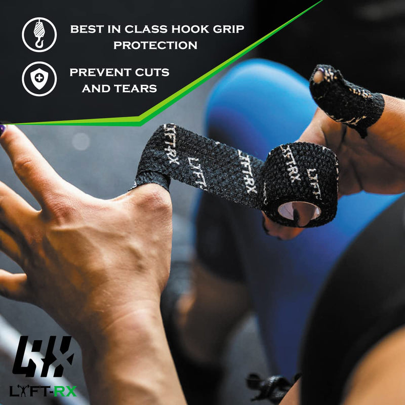 [Australia - AusPower] - LYFT-RX Weightlifting Hook Grip Tape w/Premium Adhesive for Olympic Weight Lift, Crossfit, Lifting & Gym, Stretch Athletic Finger Wrap, Protects Thumb Fingers Hand & Enhances Grip Black 1.5-inch 3 ROLLS 