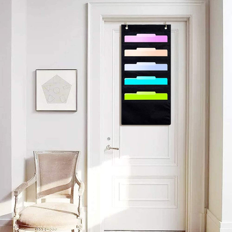 [Australia - AusPower] - Set of 2 Hanging File Holder Organizer Rack, 5 Pocket File Folders, Wall Mount, Tier Racks Hang Bedroom Desk Expanding Fabric File, Board Business Card, Bathroom Hair Tool, Home Decor Shelf Black 5 Pocket (2 Pack) 