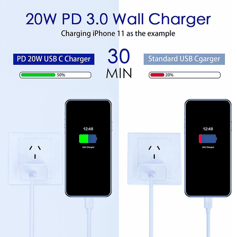 [Australia - AusPower] - 20W Fast Charger USB C Power Wall Charger Travel Plug with 3FT/6FT USB (2 Pack) Quick Charger Cable Compatible with Phone 13/12/12 Mini/12Pro/12 Pro/Max/11/11 Pro/Xs Max/XR/X/iPad 