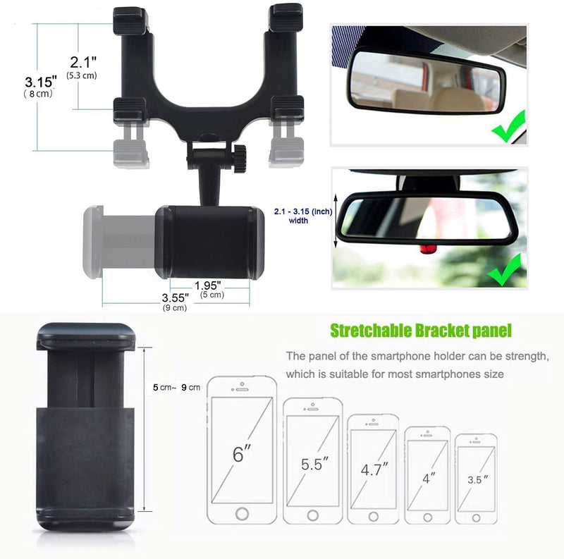 [Australia - AusPower] - Car Phone Mount, Rear View Mirror Holder 360 Degrees Rotate Adjustable Cellphone Holder Compatible with iPhone 11 Pro Xr Xs Max X 7 8 12 Plus Note 10 9 Galaxy S20 S20 10 S9 S8 Google Pixel GPS(A) 