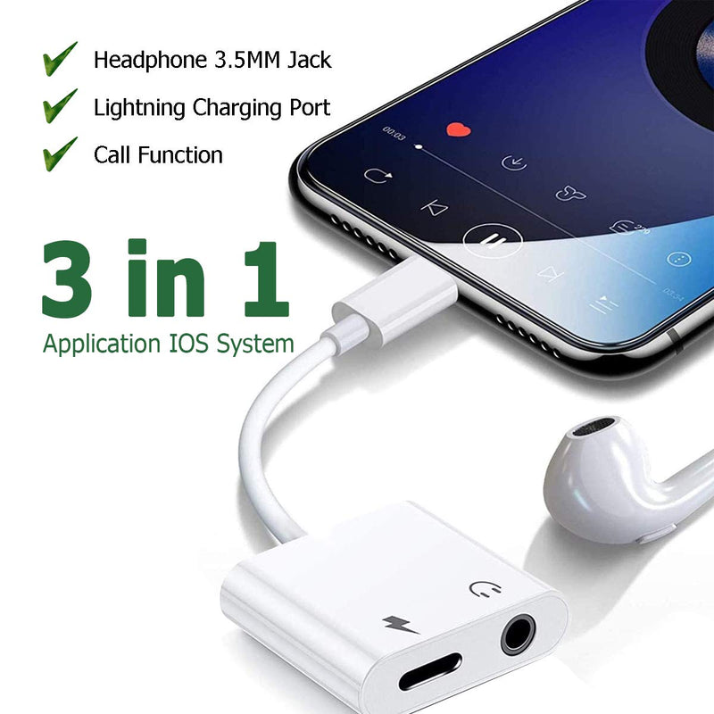 [Australia - AusPower] - 3.5 mm Headphone Jack & Charger Cable for iPhone Adapter, 2 in 1 Aux Cable Connector, for iPhone 12/11/11 Pro/XR/XS Max/X/8/7, Support All iOS Systems (White) 