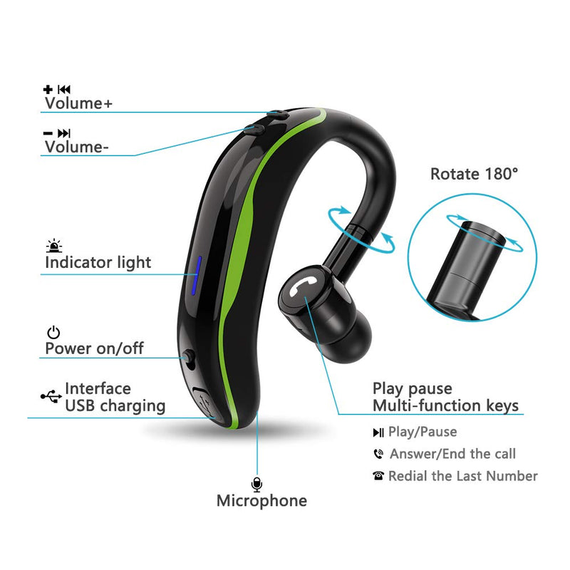 [Australia - AusPower] - Bluetooth Headset V5.0 Wireless Bluetooth Earpiece 18 Hrs Talktime 200 Hours Standby Time, Fit Your Both Ear, Handsfree Headset with Noise Cancelling Mic, Compatible with iPhone and Android (Green) Green 