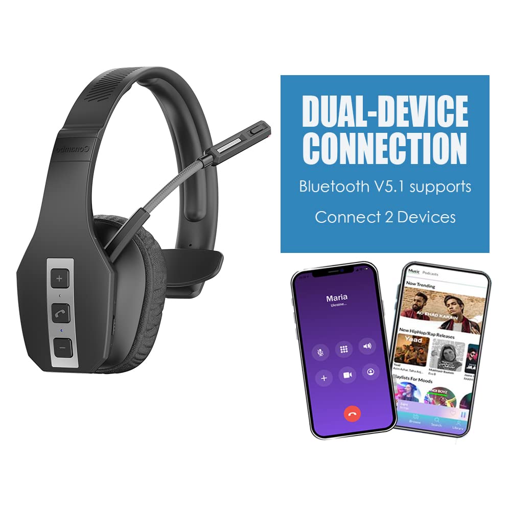 Trucker Bluetooth Headset V5.1, CVC8.0 Three Microphone Noise Cancelling &  35Hrs HD Talktime Hands-Free Wireless Headset, On Ear Bluetooth Headphones