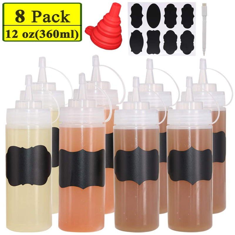 [Australia - AusPower] - Belinlen 8 Pack 12 oz Plastic Squeeze Squirt Condiment Bottles with Twist On Cap Lids - Perfect for Condiments, Oil, Icing, Liquids–Set of 8 with extra 1 Silicone Funnel, 8 Chalk Labels and 1 Pen (1) 12 oz(8pack) 