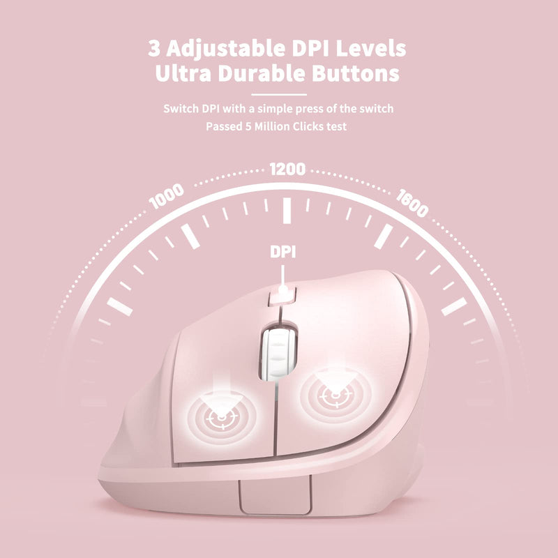 [Australia - AusPower] - Ergonomic Wireless Mouse with USB Receiver for PC Computer, Laptop and Desktop, Ergo Mouse with Silent Clicks, About 16-Month Battery Life, Up to 1600 DPI & 1 AA Battery Powered, Pink 
